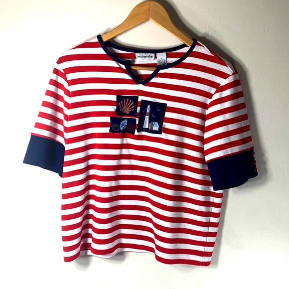 Nautical Red Striped Breckenridge V Neck T Shirt Navy Blue Trim Patches MEDIUM - Picture 6 of 11